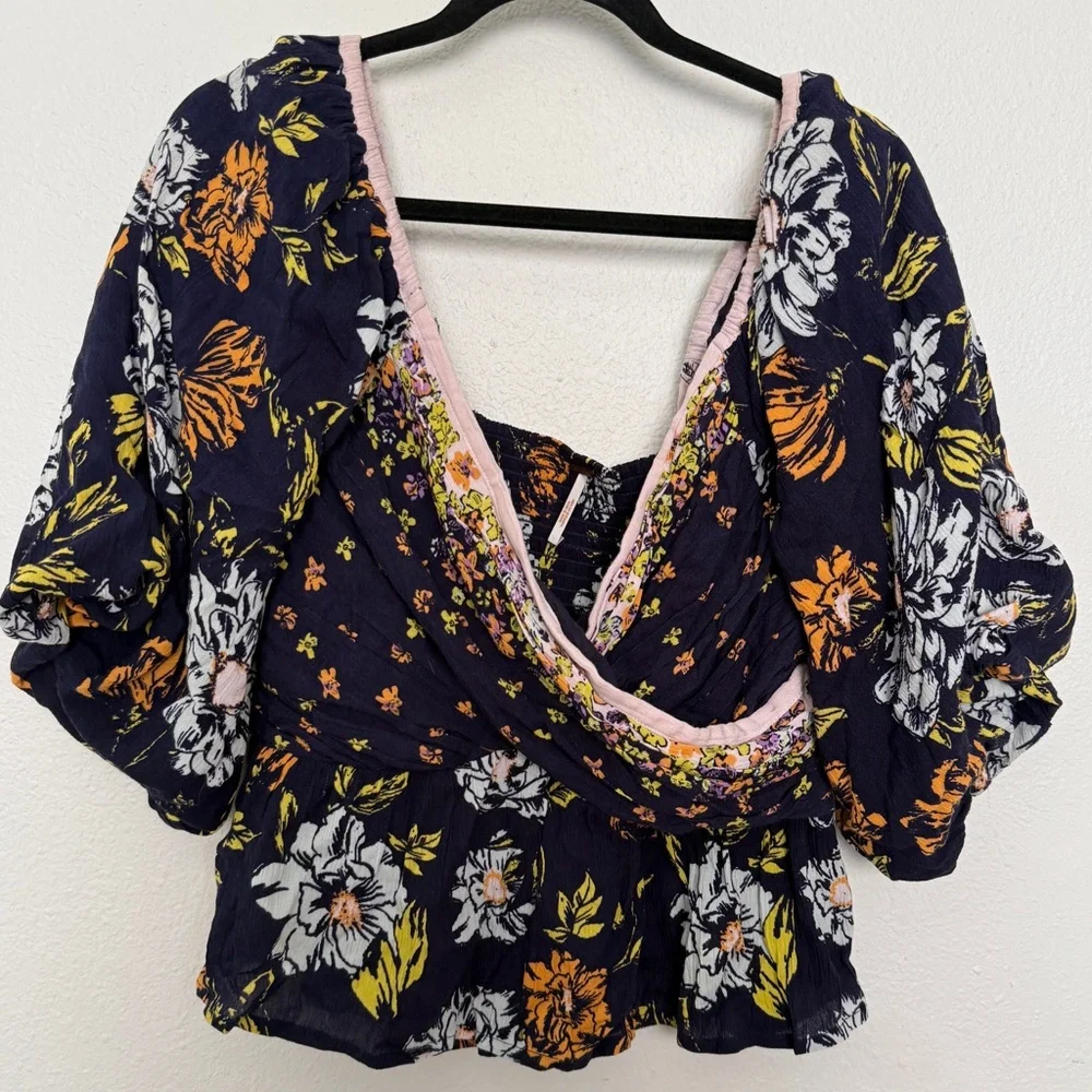 Free People Mirabella Floral Faux Wrap Smocked Puff Sleeve Blouse
